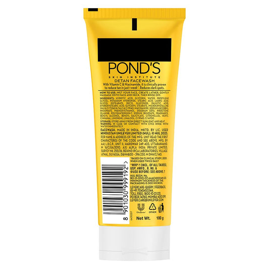 Pond's Cosmetics Detan For Tan Removal in Just 7 Days Contains Vitamin C Niacinamide Facewash 100gm