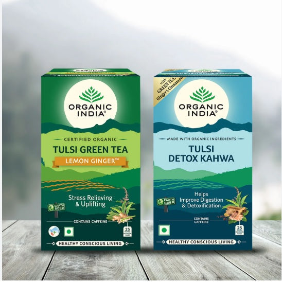 Organic India Combo Tulsi Green Tea Lemon Ginger 25 Teabag & Detox Kahwa 25 Teabag